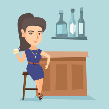 Caucasian woman sitting at the bar counter. Young woman relaxing in the bar with a glass of alcohol drink. Woman celebrating with alcohol drink in the bar. Vector cartoon illustration. Square layout.