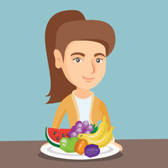 Young caucasian woman standing in front of table with plate full of fresh healthy fruits. Smiling woman eating healthy fruits. Concept of healthy nutrition. Vector cartoon illustration. Square layout.