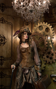 Beautiful girl, model in the style of a steampunk in a beautiful creative studio. Fashion, style, beauty.