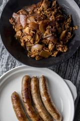 Fried mutton with onion and  Fried sausage