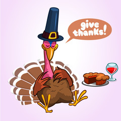  Sleeping turkey after good meal with pie and glass of red vine. Thanksgiving illustration of cartoon turkey isolated on white background