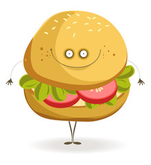 Delicious vegan burger with cheerful face and thin limbs