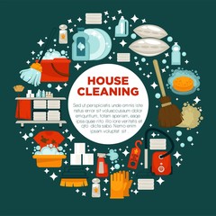 House cleaning service promotional emblem with work equipment