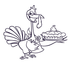 Thanksgiving Cartoon Turkey holding fork and pie isolated. Vector illustration of funny turkey wearing pilgrim hat for coloring book
