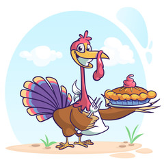 Thanksgiving funny cartoon turkey cook serving pumpkin pie and holding a fork. Vector cartoon isolated with outline strokes