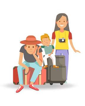 Family with bags and suitcases ready for journey.