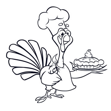 Thanksgiving funny cartoon turkey chief cook serving pumpkin pie outline strokes. Vector cartoon turkey for coloring book. Black and white contour