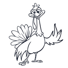 Thanksgiving funny cartoon  outline. Vector cartoon turkey for coloring book. Black and white contour