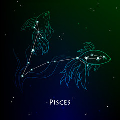 Pisces ( Fishes ) - constellation and zodiac sign against the background of a dark starry sky. Vector illustration on a black backdrop.