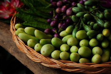 group of mini purple eggplant,mini Green eggplant,cucumber,Winged bean. healthy Thailand vegetable for diet 