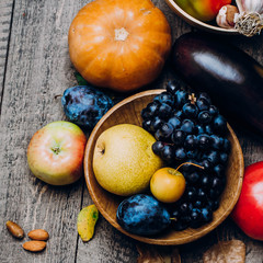 Autumn Vegetables Fruits on Woden Table. Organic Food Background. Farmers Vegetable Market. Copy Space, Top View