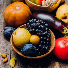 Autumn Vegetables Fruits on Woden Table. Organic Food Background. Farmers Vegetable Market. Copy Space, Top View