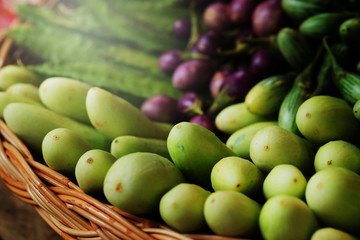 group of mini purple eggplant,mini Green eggplant,cucumber,Winged bean. healthy Thailand vegetable for diet 