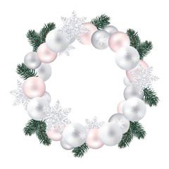 Fototapeta na wymiar A festive wreath of Christmas balls, pine twigs and snow-flakes. Silver, green and pink. Vector realistic illustration on white background. Eps10. Decoration for new year.