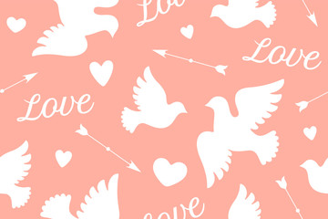 Seamless pattern with white love doves, hearts, arrows and text Love. Symbol and sign of Love on pink background. Graphic design wrapping paper for Valentine Day. Vector Illustration