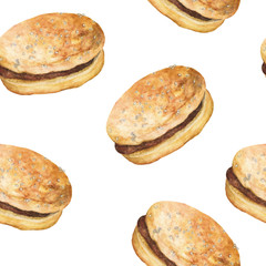 Seamless Pattern with Hamburgers. Fast Food Wallpaper, Hand drawn watercolor.