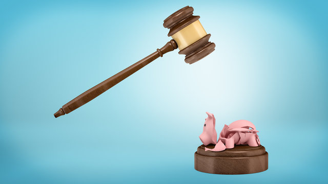 3d rendering of a shards of a broken piggy bank lying on a sound block below a judge gavel.