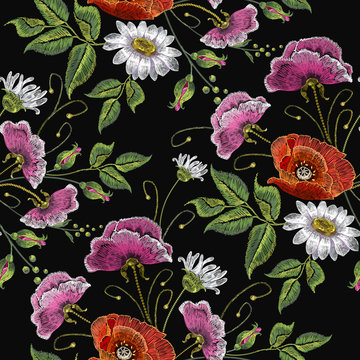 Embroidery chamomile pink flowers and poppies seamless pattern. Beautiful bouquet of spring flowers, poppies, white chamomile,  classic embroidery seamless background for clothes vector