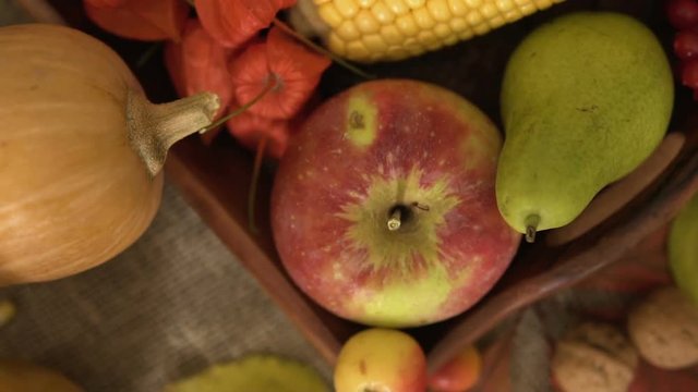 Autumn vegetables, berries and fruits. Seasonal autumn food - pumpkins, corn, apples, pear, viburnum, physalis close-up. Slow motion.