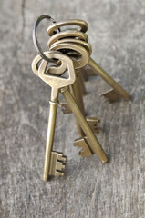 golden old keys on wooden background