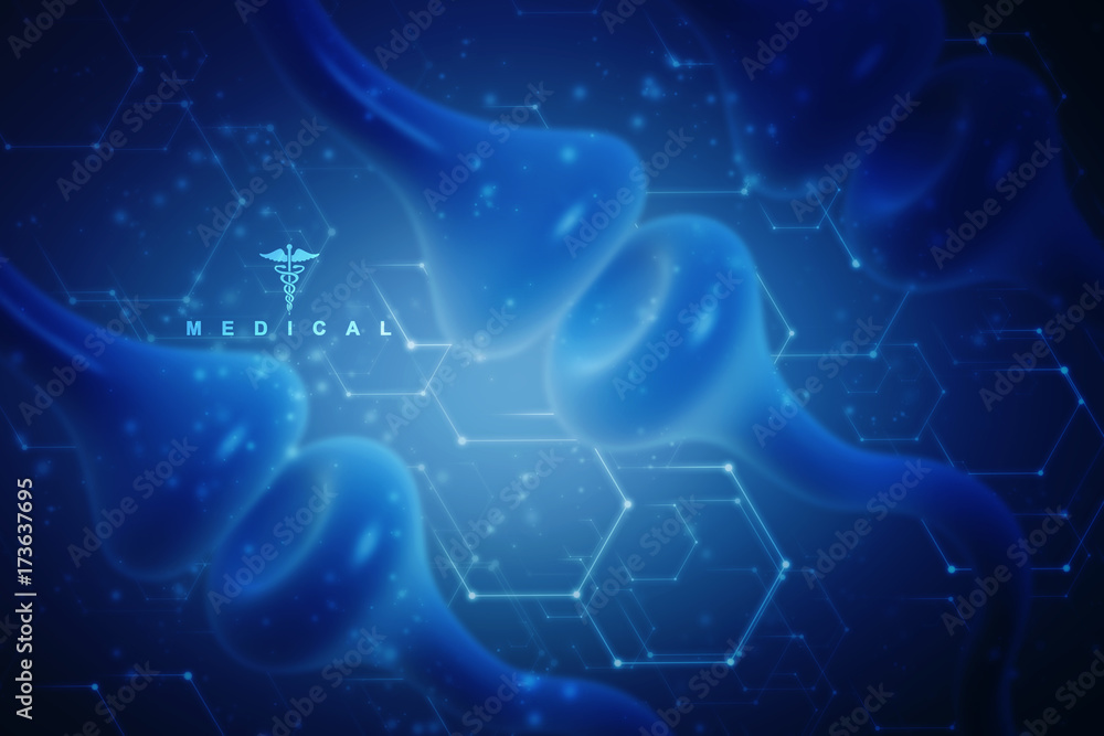 Poster synapse and neuron cells sending electrical chemical signals. 3d rendering