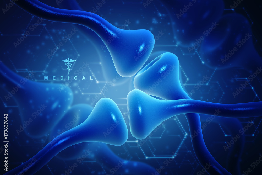 Poster synapse and neuron cells sending electrical chemical signals. 3d rendering