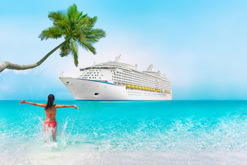 Cruise ship Caribbean vacation travel beach woman in holiday tropical destination with palm tree...