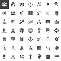 Teamwork and partnership vector icons set, modern solid symbol collection, filled pictogram pack. Signs, logo illustration. Set includes icons as team, conversation, interview, employee, presentation