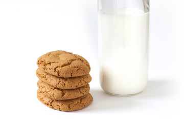 Breakfast of some cookies and bottle of milk