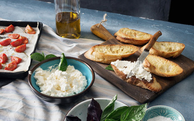 Italian bruschetta with baked tomatoes, basil and cheese