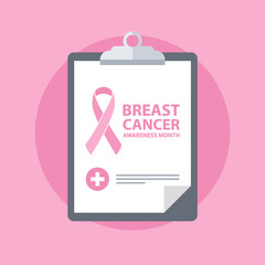 Medical clipboard with breast cancer awareness ribbon sign. Flat design vector illustration.