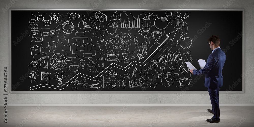 Aufkleber businessman watching a project sketch on a board 3d rendering