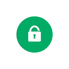 Simple lock icon on green circle background. Security concept. Unlocked