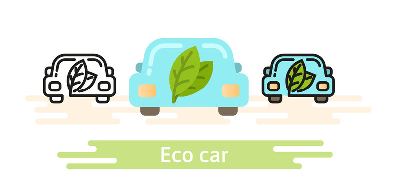 Eco car icon template. This illustration shows a car with an green leaf. Linear, flat and meterial design symbols