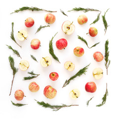 A composition of fruits in a square format on a white background. Pattern made from fresh fruits: apples, grapes and juniper branches. Top view, flat design. Christmas decor. 
