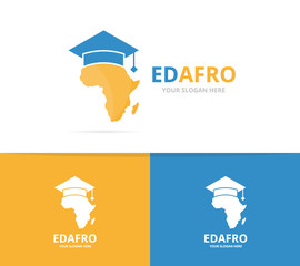 Vector africa and graduate hat logo combination. Safari and study symbol or icon. Unique geography, continent and college logotype design template.