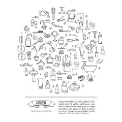 Hand drawn doodle Bathroom related icons set Vector illustration home bath symbols collection Cartoon elements on white background Sketch Toilet Sink Shower Bathtub Lavatory Towel Robe Slippers Fan