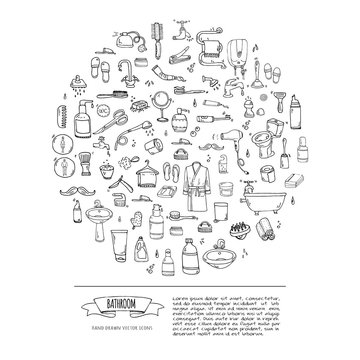 Hand drawn doodle Bathroom related icons set Vector illustration home bath symbols collection Cartoon elements on white background Sketch Toilet Sink Shower Bathtub Lavatory Towel Robe Slippers Fan