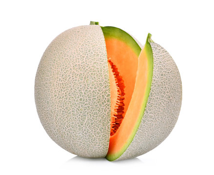 slice of japanese melons, green melon or cantaloupe melon with seeds isolated on white background