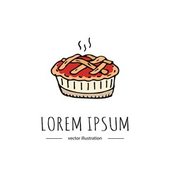 Hand drawn doodle Thanksgiving icon - traditional lattice upper crust apple pie isolated on white background. Vector illustration. Shortcrust pastry with apple filling