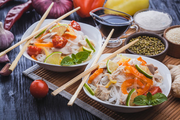 delicious Korean rice noodles with chicken.