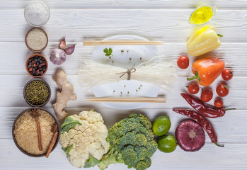 raw ingredients of oriental cuisine from rice noodles