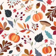 Autumnal seamless pattern with hand drawn decorative elements
