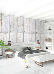 White bedroom minimal style Interior design with wood wall and grey sofa. 3D Rendering.