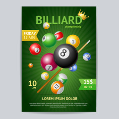 Billiard Tournament Poster Card Template. Vector