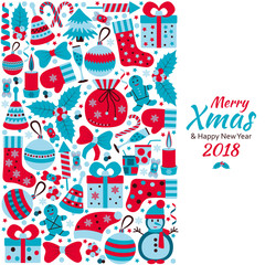 Christmas greeting card with text Merry Xmas and many winter doodle toys. Vector illustration.
