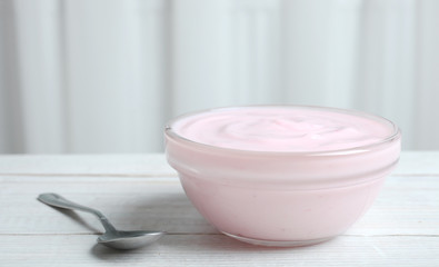 Pink yogurt in a bowl