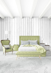 White bedroom minimal style Interior design with wood wall and grey sofa. 3D Rendering.