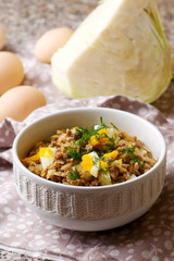 Pie  cabbage stuffing in the bowl. selective focus
