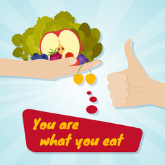 Hand giving healthy eating. Food choice concept. You are what you eat. Vector illustration.